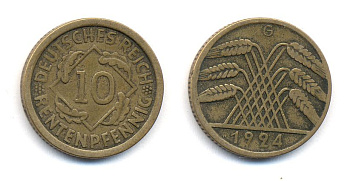 ГЕРМАНИЯ 10 РЕНТЕНПФЕННИГОВ 1924 G KM 33, J. 309, Weege 8 алюминиевая бронза 35-717