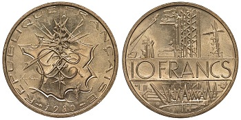Франция 10 франков 1980 тип Матье KM 940, Le Franc 365.15-16 никель латунь 4123-624
