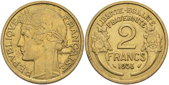 ФРАНЦИЯ 2 ФРАНКА 1938 ТИП MORLON KM 886, LE FRANC 268.11 алюминиевая бронза 69-1242
