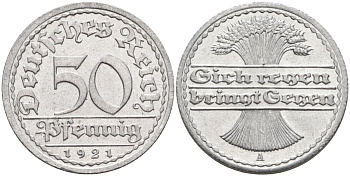 Германия 50 пфеннигов 1921 A KM 27, J.301, Weege 10 алюминий UNC 4584-822