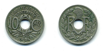 ФРАНЦИЯ 10 САНТИМОВ 1924 ТИП ЛИНДАЙЁ KM 866а, LE FRANC 138.10 медно-никель 84-345