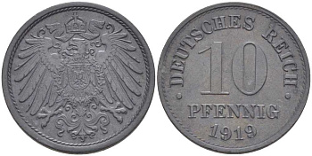 ГЕРМАНИЯ 10 ПФЕННИНГОВ 1919 KM 26, J.299, Weege 8 цинк 202-215