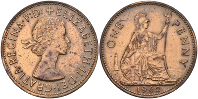 Великобритания 1 пенни 1962 Елизавета II (1952-2022) KM 897, Spink 4157 бронза    4149-432