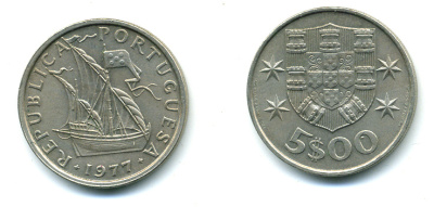 ПОРТУГАЛИЯ 5 ЭСКУДО 1977 ПАРУСНИК KM 591 медно-никель 59-1126