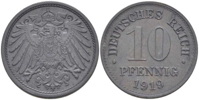 ГЕРМАНИЯ 10 ПФЕННИНГОВ 1919 KM 26, J.299, Weege 8 цинк 202-215