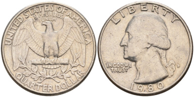 США 25 центов (квотер) 1980 D, Вашингтон KM A164a медь плакированная медно-никелем 92-1224