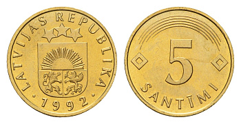 Латвия 5 сантимов 1992 KM 16 никель латунь UNC 4174-462
