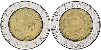 Италия 500 лир 1994 R, 500 лет публикации работ Луки Пачали KM 167 биметалл 4589-1214