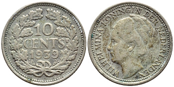 Нидерланды 10 центов 1939 Вильгельмина I (1890-1948) KM 163 серебро 26-744