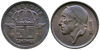 БЕЛЬГИЯ 50 САНТИМОВ 1974 BELGIQUE KM 148.1 бронза 4110-1667