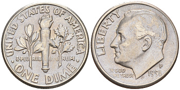США 10 ЦЕНТОВ = 1 ДАЙМ 1991 P, РУЗВЕЛЬТ KM 195a медь плакированная медно-никелем 188-713