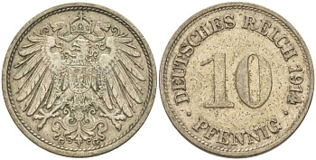 ГЕРМАНИЯ 10 ПФЕННИГОВ 1914 G KM 12, J. 13, Weege 8 медно-никель 212-251
