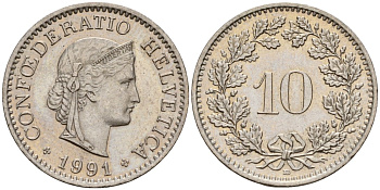 Швейцария 10 раппенов 1991 B KM 27 медно-никель 4189-435