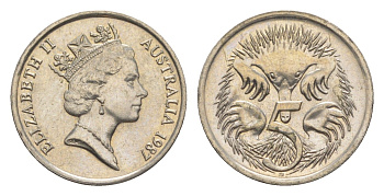 Австралия 5 центов 1987 Елизавета II (1952-2022), ехидна KM 80 медно-никель UNC 4152-1022