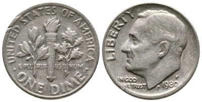 США 10 центов = дайм 1980 P, Рузвельт KM 195а медь плакированная медно-никелем 220-422