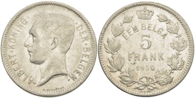 БЕЛЬГИЯ 5 ФРАНКОВ 1930 АЛЬБЕРТ I, DER BELGEN KM 98 никель 3851-312