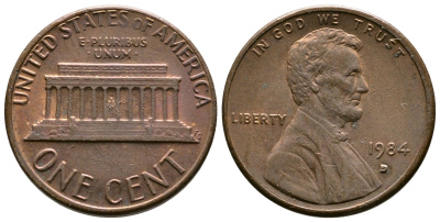 США 1 цент 1984 D, Линкольн KM 201b цинк плакированный медью    4608-366