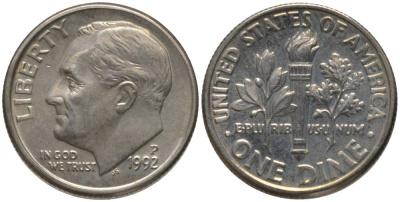 США 10 ЦЕНТОВ = 1 ДАЙМ 1992 P, РУЗВЕЛЬТ KM 195а медь плакированная медно-никелем 4396-467