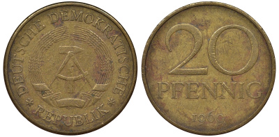ГДР 20 пфеннигов 1969 А, первый год KM 11 латунь 62-956