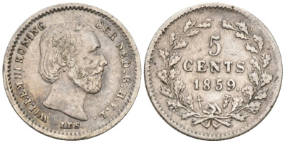Нидерланды 5 центов 1859 Виллем III (1849-1890) KM 91 серебро 4576-337