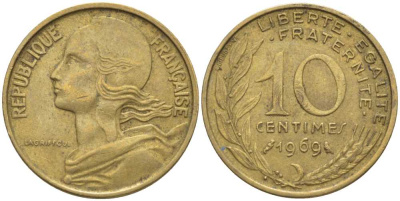 ФРАНЦИЯ 10 САНТИМОВ 1969 ТИП MARIANNE KM 929, LE FRANC 144.9 медь алюминий никель 116-116