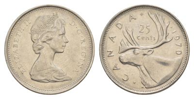 Канада 25 центов 1970 Елизавета II (1952-2022), олень KM 62b никель 4638-513