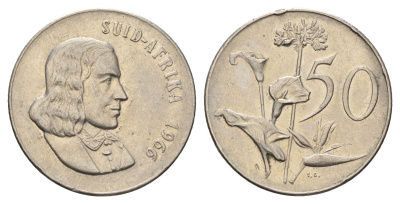 ЮАР 50 центов 1966 Ян ван Рибек (1619-1677), Suid Africa, легенда на африкаанс, Зантедеския Эллиота (калла) KM 70.2 никель 4604-955