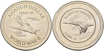Канада, Гандер жетон 1987 1 авиационный доллар, Hurricane fighter никель 4590-824