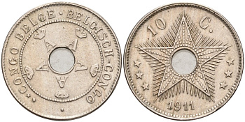 Бельгийское Конго 10 сантимов 1911 Альберт I (1909-1934) KM 18 медно-никель 190-831