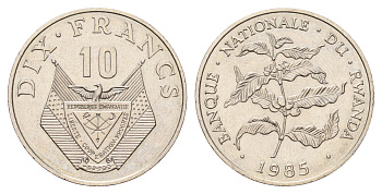 Руанда 10 франков 1985 год-тип KM 14.2 медно-никель UNC 34-851