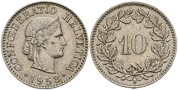 Швейцария 10 раппенов 1958 B KM 27 медно-никель     4152-1065