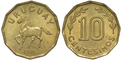 Уругвай 10 сентесимо 1981 KM 66 алюминиевая бронза 4169-528