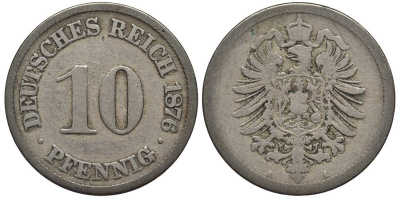ГЕРМАНИЯ 10 ПФЕННИГОВ 1876 A, СТАРОГЕРБОВКА KM 4, Jager 4, Weege 7 медно-никель 4546-1131