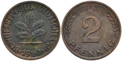 ФРГ 2 ПФЕННИГА 1960 F KM 106, J. 381 бронза 75-436