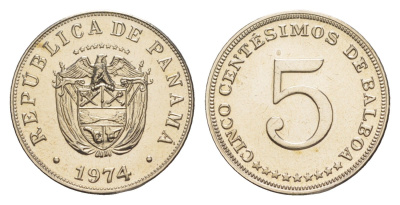 Панама 5 сентесимо 1974 тираж 19.000 экземпляров KM 23.2 медно-никель PROOF 1524-1141
