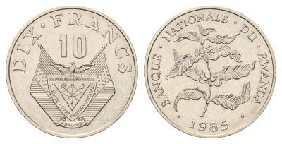 Руанда 10 франков 1985 год-тип KM 14.2 медно-никель UNC 34-851