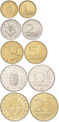 Венгрия набор из 5 монет (1, 2, 5, 10 и 20 форинтов) 1994, 1997, 2005 и 2008 Третья Республика KM 692, 693, 694, 695, 696 aUNC-UNC 4612-711-715