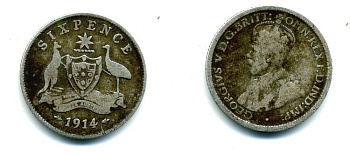 Австралия 6 пенсов 1914 L, Георг V (1910-1936), герб Австралии KM 25 серебро 46-351