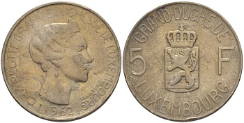 Люксембург 5 франков 1962 Великая герцогиня Шарлотта (1919-1964) KM 51 медно-никель 4402-241