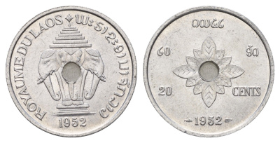 Лаос 20 центов 1952 год-тип KM 5 алюминий UNC 4119-1125