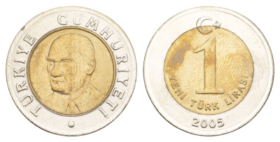 Турция 1 новая лира 2005 Кемаль Ататюрк KM 1169 биметалл UNC 4646-846