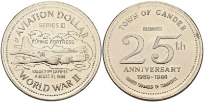 Канада, Гандер жетон 1984 1 авиационный доллар, Fluing Fortress никель 4590-834