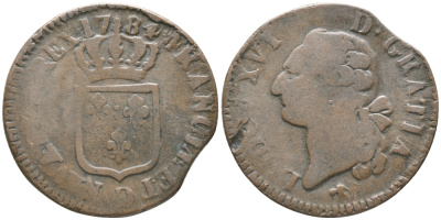 ФРАНЦИЯ 1 СУ 1784 D, ЛЮДОВИК XVI (1774-1793) KM 578.5 (C73.8) медь 51-1216