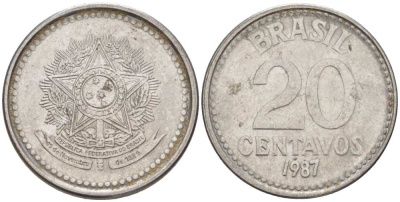 Бразилия 20 сентаво 1987 герб KM 603, Schon 112 нержавеющая сталь 26-1648