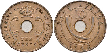 Британская Восточная Африка 10 центов 1942 Георг VI (1937-1952) KM 26 бронза 189-846