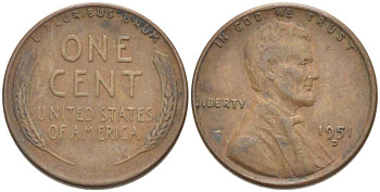 США 1 ЦЕНТ 1951 D, ЛИНКОЛЬН KM А132 медь цинк 218-958