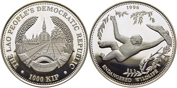 Лаос 1000 кипов 1996 серия защита природы, обезьяна гиббон KM 165 серебро PROOF 1078-7-53