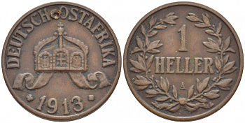 Немецкая Восточная Африка (Танзания) 1 геллер 1913 A, Ost-Africa Jaeger 716, KM 7 бронза 4448-441