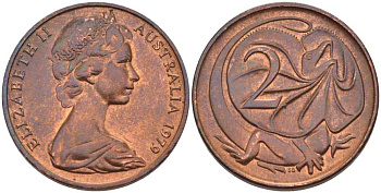 Австралия 2 цента 1979 Елизавета II (1952-2022), плащеносная ящерица (FRILLED LIZARD)  KM 63 бронза 4385-914