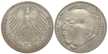 ФРГ 5 марок 1975 J, 50 лет со дня смерти Фридриха Эберта J. 416, KM 141 серебро UNC 413-6634